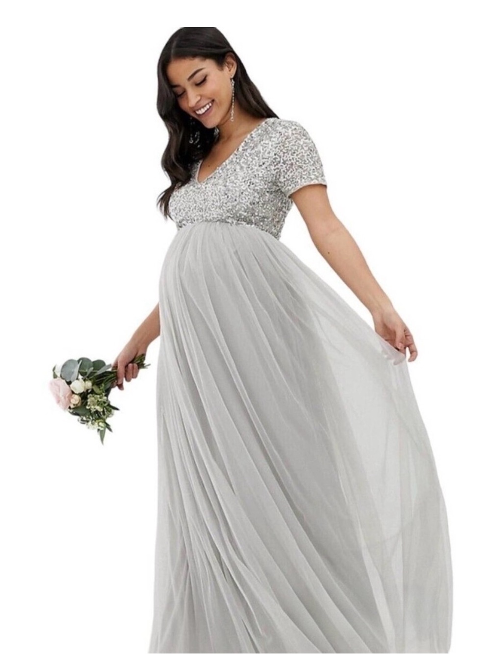 NWOT Gorgeous Silver Sequin Maternity Gown